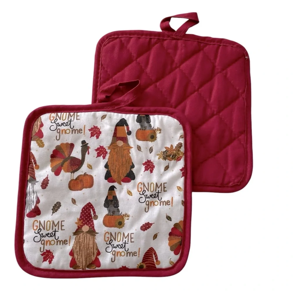 Fall Thanksgiving Kitchen Towel Oven Mitt Pot Holders Gnome 4-pc. Set